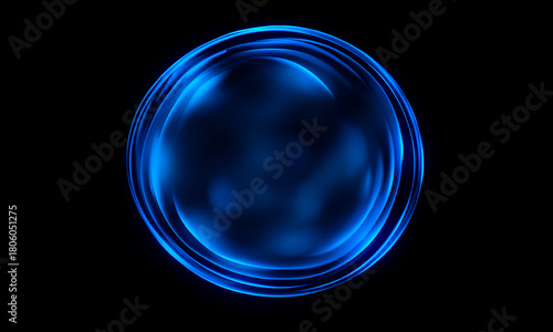 Blue transparent glass sphere ball with reflection on black background