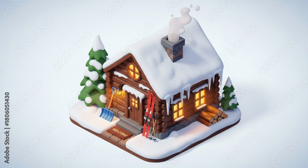 Obraz premium Cozy winter cabin covered in snow isolated on, 3d rendering