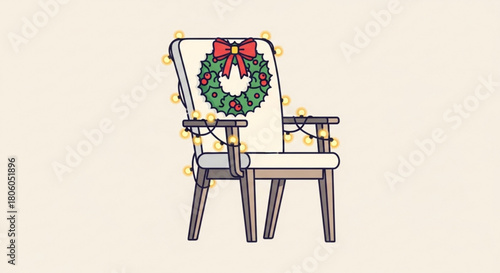 Armchair decorated with christmas wreath and string lights isolated on