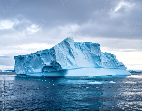 Large blue and white iceberg floats in dark water under cloudy, overcast skies