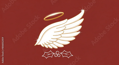 Christmas angel wing with halo and holly berry on red background illustration