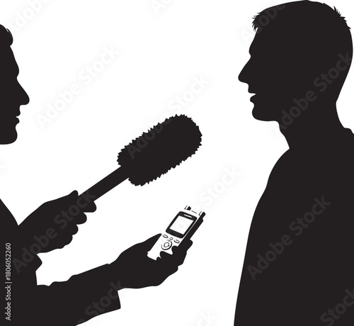 Silhouette of Interview Recording audio with a professional microphone device for quality reporting, providing insights, and creating engaging content.