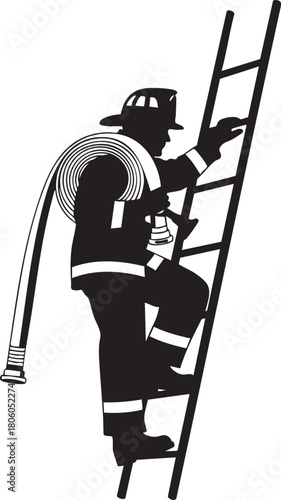 Dynamic silhouette illustration of a dedicated firefighter, helmeted and equipped with a coiled hose, actively ascending a tall ladder, embodying courage, readiness, and vital emergency response servi