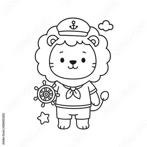 Colorful illustration of a lion wearing a sailor hat holding a ship wheel