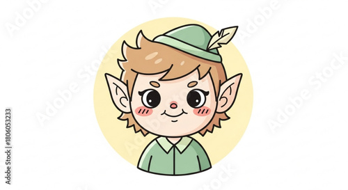 Cute cartoon elf boy with a feather in his hat isolated on