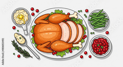 Roasted turkey with side dishes isolated on