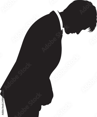 Silhouette of a Businessman Bowing Respectfully A Gesture of Courtesy, Apology, or Deference in Corporate Life (Bowing Head)