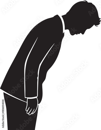 Silhouette of a professional man bowing deeply, a respectful gesture symbolizing deference, gratitude, and formal politeness. This powerful image conveys humility, apology, or greeting in business and