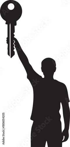 Empowerment and Access Silhouette of a Person Raising a Key Symbolizing Opportunity and Solutions