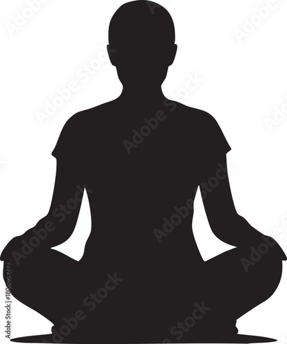 A black silhouette vector illustration of a woman in a lotus position, practicing yoga and meditation. Symbol of tranquility, wellness, and spiritual balance.
