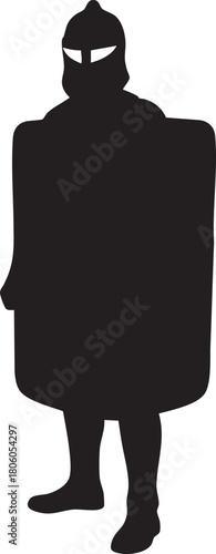 Black vector silhouette of a powerful ancient warrior, possibly a Roman legionary or Greek hoplite. This historical soldier with a helmet and shield stands in a defensive guard pose.