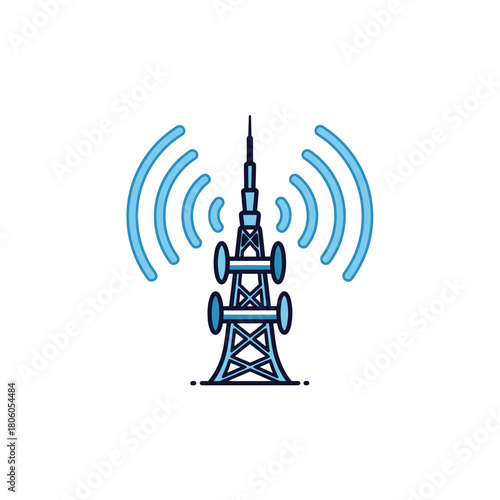 A simple line icon of a radio transmission tower broadcasting waves, symbolizing wireless network connectivity and communication technology