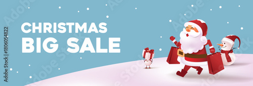 Christmas sale shopping banner with Santa snowman gift and winter landscape for holiday promotion poster header and online advertising design