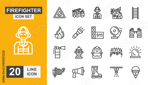 Firefighter icon set. Helmet, fire, safety, hazard, water and more line icon.