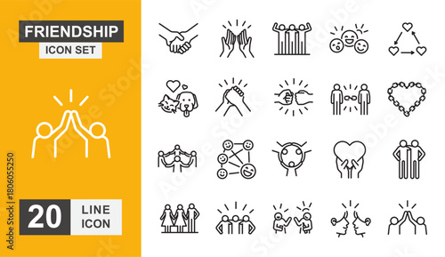Friendship icon set. Teamwork, partnership, collaboration, group, relation, shake and more line icon.