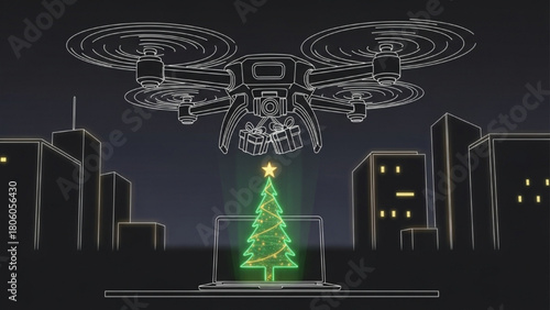 One-Line Drone Delivering Gifts and Laptop with Christmas Tree Hologram – Futuristic Holiday Design