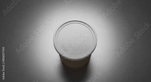 Top view of a white cylindrical container with lid under a spotlight on a gray surface
