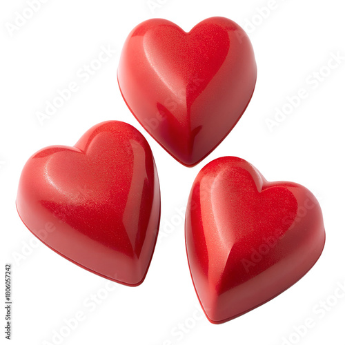 Three Dimensional Trio of Smooth, Glossy Red Heart Shapes Arranged in a Triangle Formation Isolated on White Background