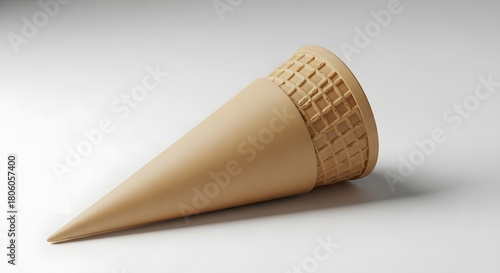 An empty wafer ice cream cone with waffle texture lying isolated on a white surface