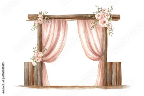 Wooden archway draped with pink fabric and adorned with floral arrangements, soft lighting