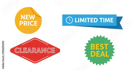 Sales labels New Price Limited Time Clearance and Best Deal each in a distinct design and color