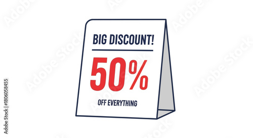 A display tent card advertises a big discount of 50 off everything in red and navy on a white background