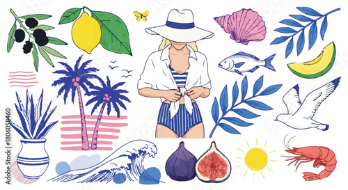 Hand drawn Italian food doodle border with pizza, seafood, coffee, fruit, and Italian phrases