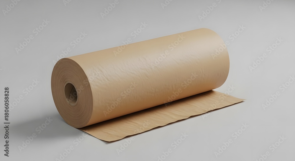 Fototapeta premium Large roll of brown kraft wrapping paper unrolling on a plain grey studio background