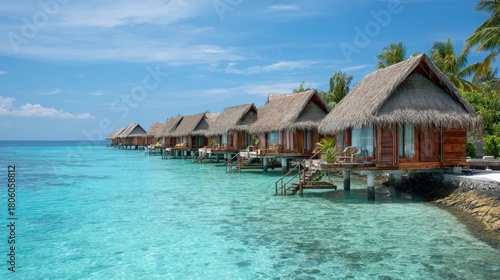 Overwater bungalows line a tranquil lagoon, showcasing thatched roofs and wooden decks. The vibrant blue water and palm trees create a serene tropical escape under a clear sky.