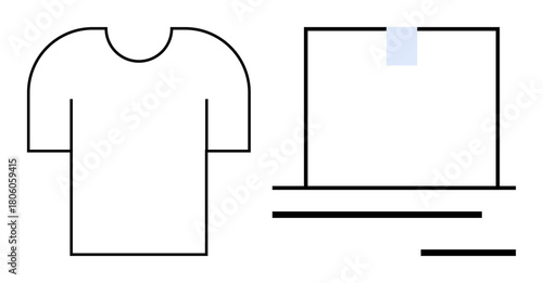 T-shirt outline next to a laptop with a minimalistic style. Ideal for e-commerce, tech setups, branding, fashion, productivity, online shopping, and digital innovation. Simple flat metaphor
