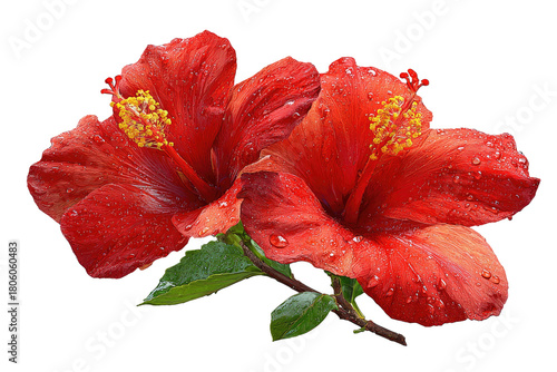 Two vibrant, wet red flowers with prominent yellow stamens, set against a black background