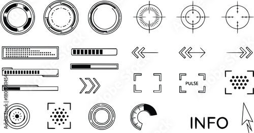 Futuristic UI Icon Set – Monochrome HUD Elements, Loaders, Reticles & Info Symbols for Game and Merch Design