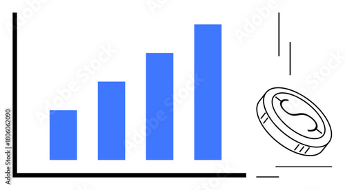 Blue ascending bar chart alongside a coin in motion symbolizing revenue growth, investment success, or profitability. Ideal for finance, business, economy, analytics, strategy, investment simple