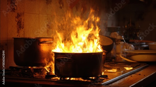 A large pot on a stove catches fire, sending flames high while another pot simmers nearby. The kitchen is filled with activity and smoke as staff respond quickly.