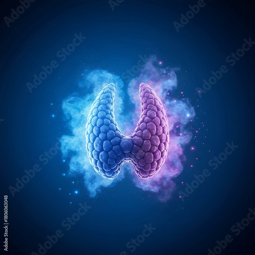 A human thyroid gland dissolving into a swirl of blue and purple smoke and glowing dust particles, set against a deep blue microscopic background, symbolizing thyroid damage or disease. Cinematic macr