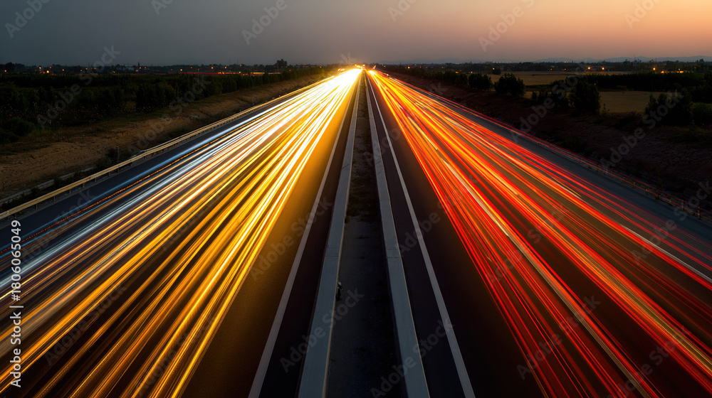 Obraz premium motorway. Sunset motorway with dynamic light streaks and a warm atmospheric dusk glow. inspiring travel planning, mobility guides, designed for mobility and urban transit guides.