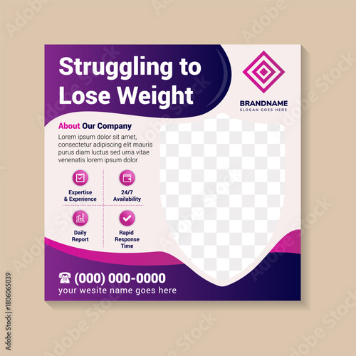 struggling to lose weight, beauty and diet social media post banner square flyer template design. combination pink and purple gradient on element and background.