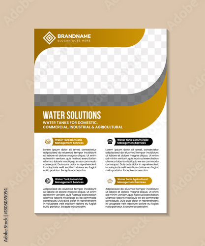 whole house water treatment systems flyer template. water solutions poster design on vertical layout. combination white, black, and gold gradient colors