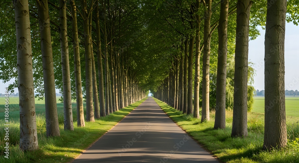 Obraz premium Long, straight asphalt road flanked by towering trees, leading into the distant horizon