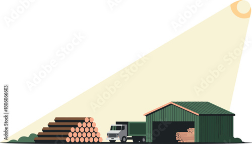 Woodworking and Timber Industry Concept with Logs, Truck, and Industrial Warehouse
