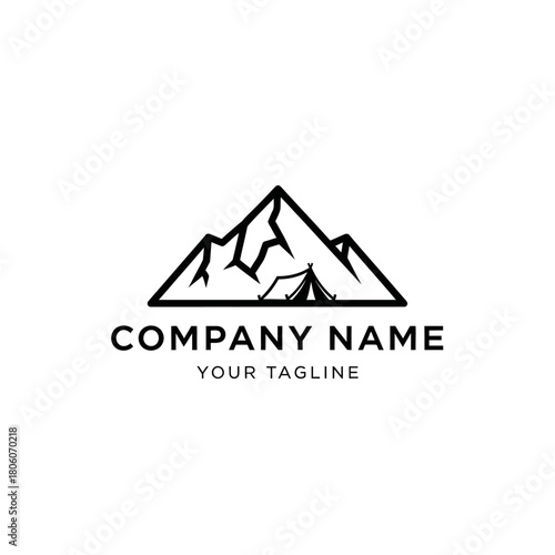 Minimalist Mountain and Tent Logo Design for Outdoor Adventure Company.