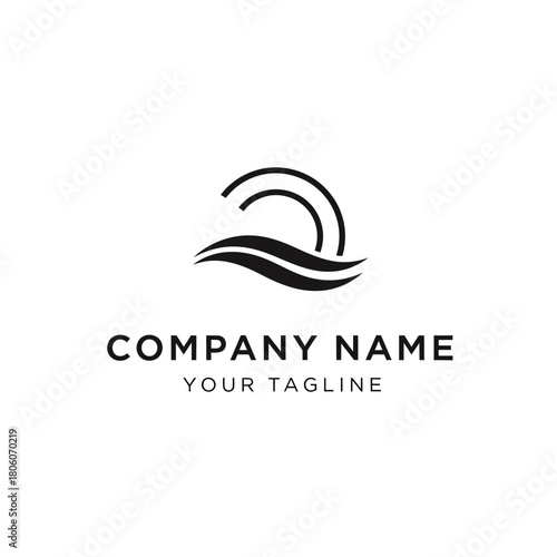 Minimalist logo design featuring stylized sun and wave, ideal for coastal businesses.