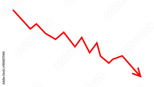 Red down fall fluctuated arrow graph line chart concept of stock market business loss, company bankrupt, business crash, business risk, business fall, financial loss. Vector illustration.
