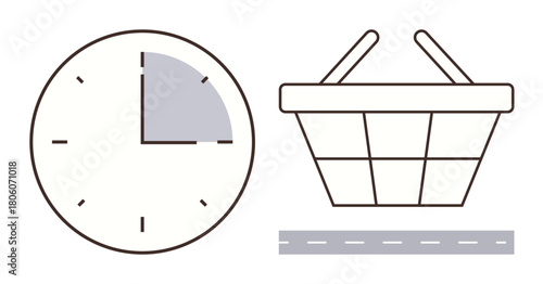 Minimalist clock and shopping basket with road, suggesting time efficiency, online shopping, delivery services, or consumer habits. Ideal for e-commerce, quick shopping, planning. Simple flat