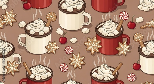 Cozy Christmas Hot Chocolate Seamless Pattern with Marshmallows, Gingerbread Cookies, Candy Canes, and Cherries Vector Illustration