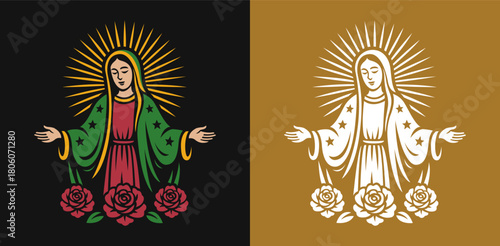 Lady of Guadalupe holy mother Mexican Marian title virgin blessed with flowers and aura traditional stylized Mexico Catholic