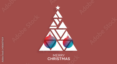 Modern Christmas Tree Design Geometric Festive Decoration with Baubles and Greetings on Red