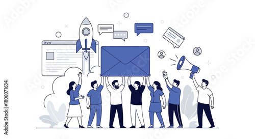 Email Marketing Campaign Teamwork, Launch, and Digital Strategy Illustrated