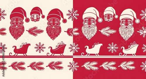 Festive Christmas Santa Claus Seamless Pattern with Sleighs, Snowflakes, and Pine Branches in Red and White Vector Illustration