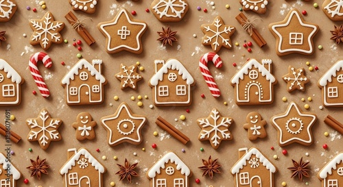 Festive Christmas Gingerbread House Cookie Pattern Seamless Background Vector Illustration